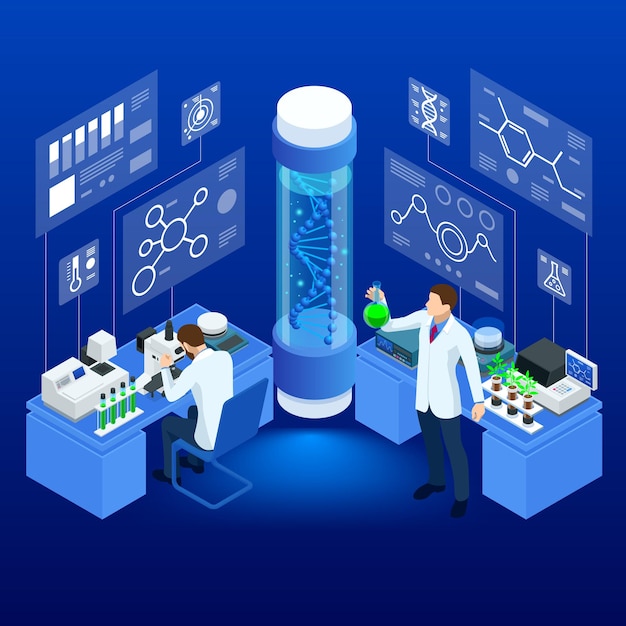 Concepto isométrico de laboratorio que explora nuevos métodos de fitomejoramiento y genética agrícola plantas que crecen en los tubos de ensayo agricultura de alimentos orgánicos e hidropónicos