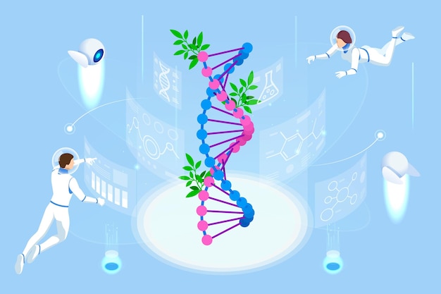 Concepto isométrico de laboratorio que explora nuevos métodos de fitomejoramiento y genética agrícola Plantas que crecen en los tubos de ensayo
