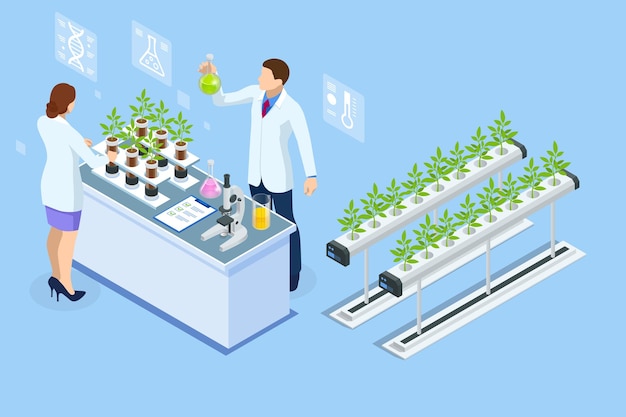 Vector concepto isométrico de laboratorio que explora nuevos métodos de fitomejoramiento y genética agrícola plantas que crecen en los tubos de ensayo