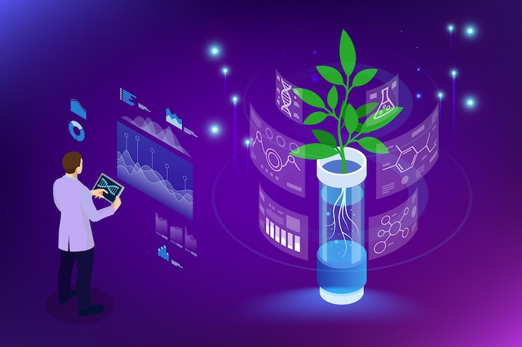 Vector concepto isométrico de laboratorio que explora nuevos métodos de fitomejoramiento y genética agrícola plantas que crecen en los tubos de ensayo
