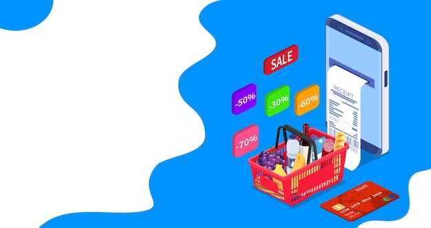 Concepto isométrico en línea de compras de comestibles. Puede utilizar para banner web, infografías. Ilustración de vector de estilo plano