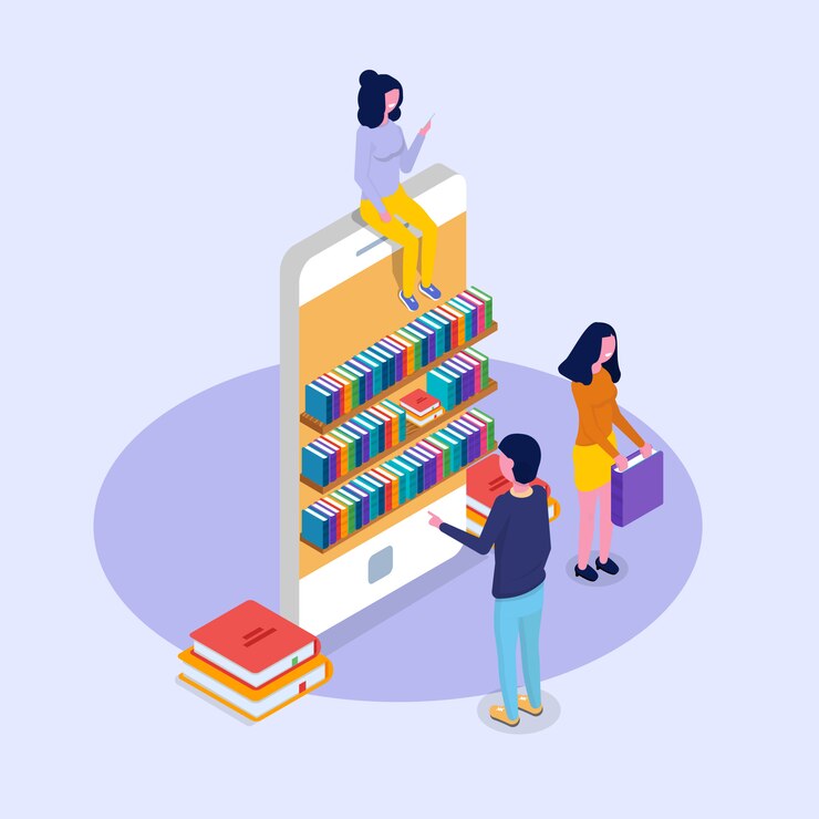 Vector concepto isométrico en línea móvil de la biblioteca. micro personas leyendo libros. ilustración vectorial
