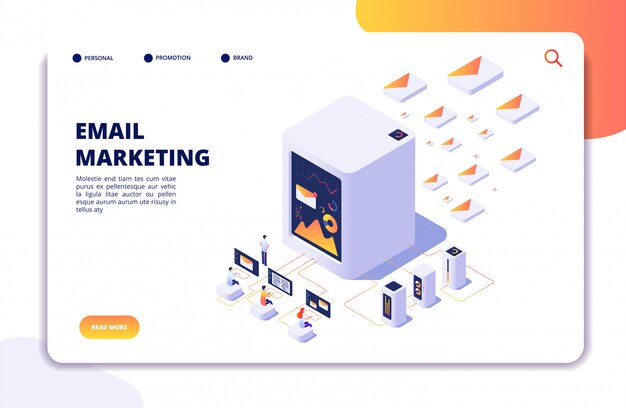 Concepto isométrico de marketing por correo electrónico. Estrategia de automatización del correo. Campaña de correo electrónico saliente, página de inicio de marketing de mensajes