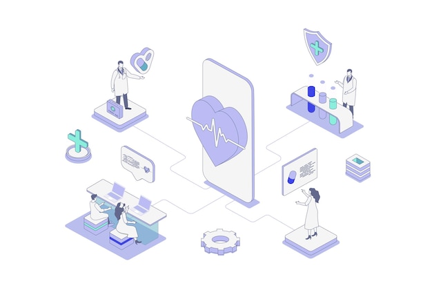 El concepto isométrico de la medicina en el esquema Diseño isométrica para la web La gente obtiene consultas de cardiología en línea en la aplicación móvil Diagnóstico de cardiólogo Tratamiento del corazón Píldoras de farmacia Ilustración vectorial