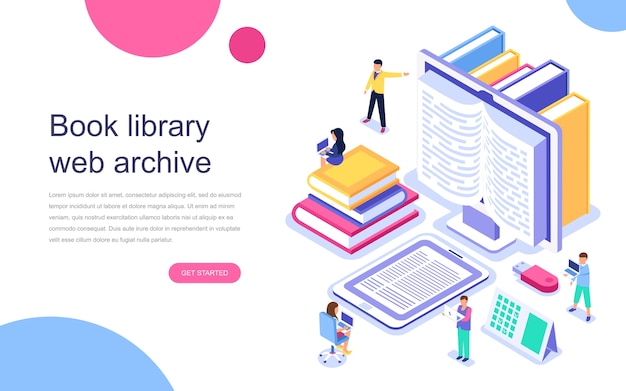 Concepto isométrico moderno diseño plano de biblioteca de libros