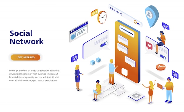 Vector concepto isométrico moderno diseño plano red social