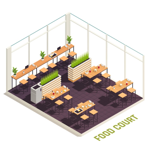 Concepto isométrico de patio de comidas con mesas, taburetes altos y un bar junto a la ventana en ilustraciones vectoriales de colores marrones