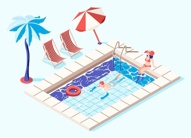 Concepto isométrico de piscina con ilustración de palmeras y tumbonas