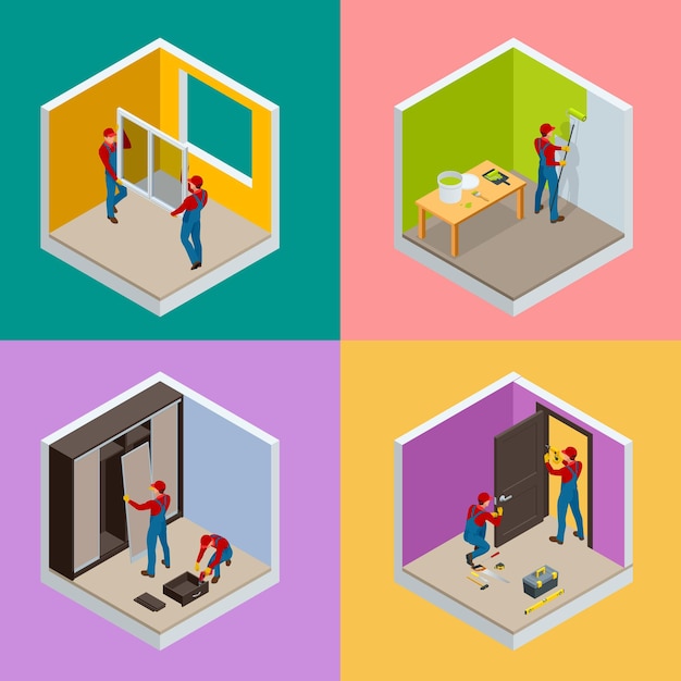 Concepto isométrico de reparación de viviendas con trabajadores, herramientas, equipos aislados en blanco. Herramientas de construcción, construcción y reparación de viviendas. Ilustración isométrica plana vectorial.