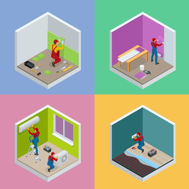 Concepto isométrico de reparación de viviendas con trabajadores, herramientas, equipos aislados en blanco. Herramientas de construcción, construcción y reparación de viviendas. Ilustración isométrica plana vectorial.