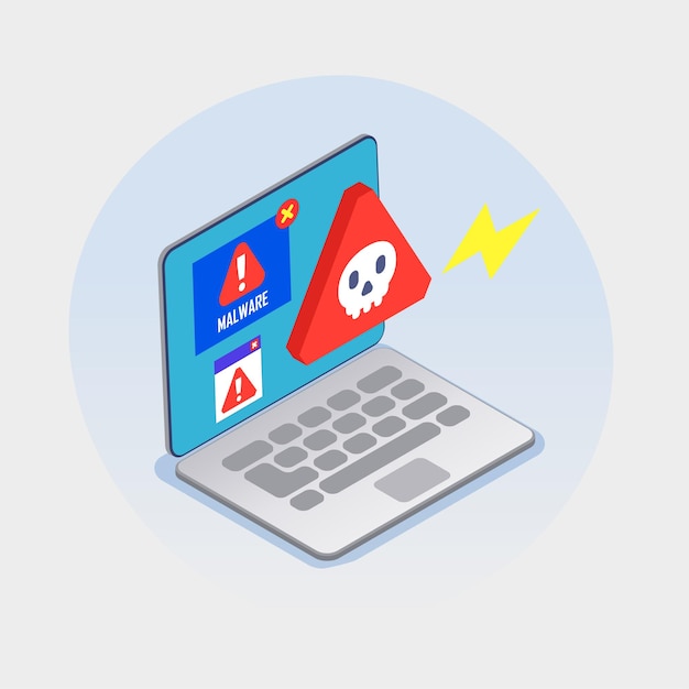 Concepto isométrico de seguridad cibernética con cuaderno personal y símbolos de ataque de piratas informáticos ilustración vectorial