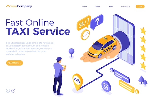 Concepto isométrico del servicio de taxi de internet en línea.