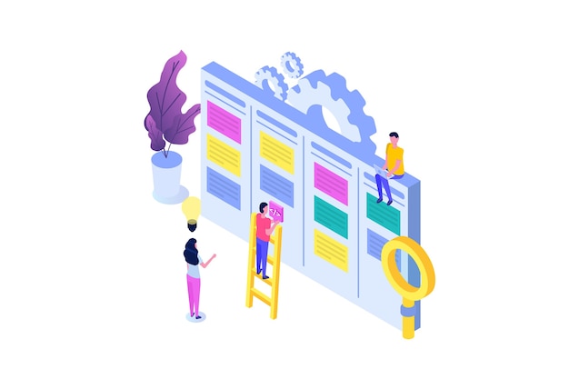 Concepto isométrico del tablero de tareas scrum o canban. Notas para el desarrollo ágil de software.