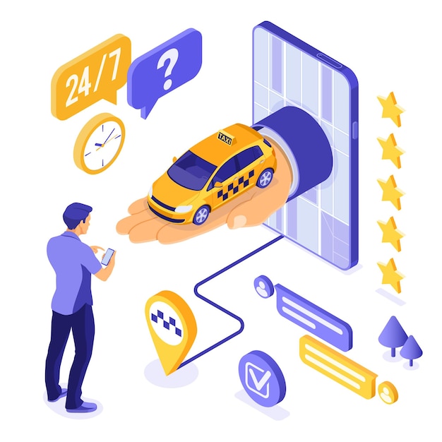 Concepto isométrico de taxi en línea. Mano de teléfono con taxi. Pasador de pasajero y ruta.
