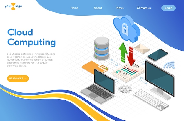 Concepto isométrico de tecnología de computación en la nube con iconos de computadora, computadora portátil, teléfono inteligente, base de datos y flecha. Servidor de almacenamiento en la nube de seguridad. plantilla de página de destino. aislado