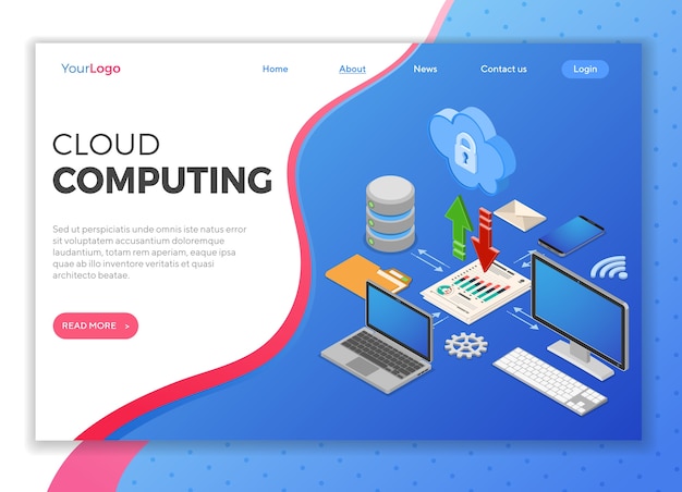 Concepto isométrico de tecnología de computación en la nube con iconos de computadora, computadora portátil, teléfono inteligente, base de datos y flecha. Servidor de almacenamiento en la nube de seguridad. plantilla de página de destino. aislado