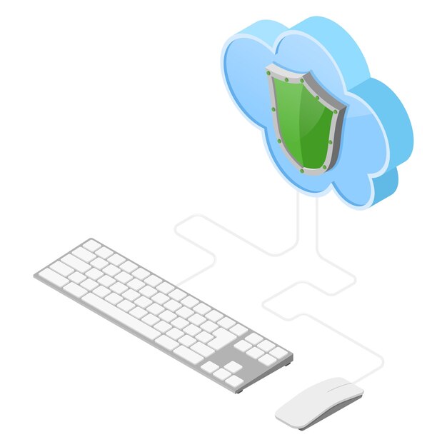 Concepto isométrico de tecnología de computación en la nube con iconos de teclado, mouse y escudo de computadora. servidor de almacenamiento en la nube de seguridad. ilustración vectorial