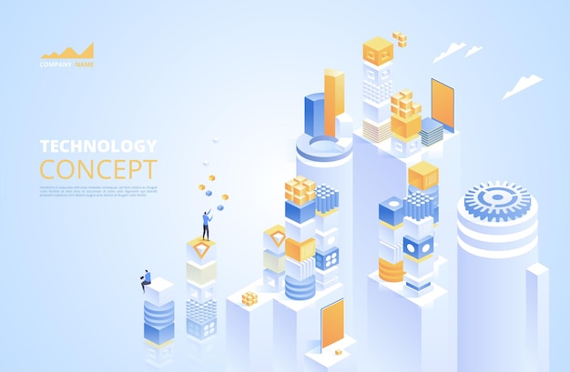 Concepto isométrico de tecnología. criptomoneda y blockchain.