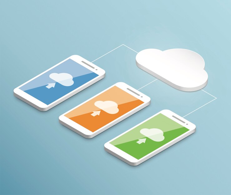 Vector concepto isométrico de vector de smartphone de la computación en nube