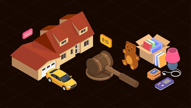Concepto isométrico de venta de garaje con ilustración de vector de subasta de productos antiguos