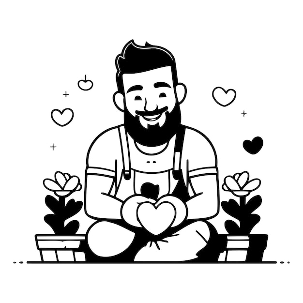 Concepto de jardinería Ilustración vectorial en estilo de dibujos animados plano Hombre con barba se sienta en el suelo y sostiene un corazón en sus manos