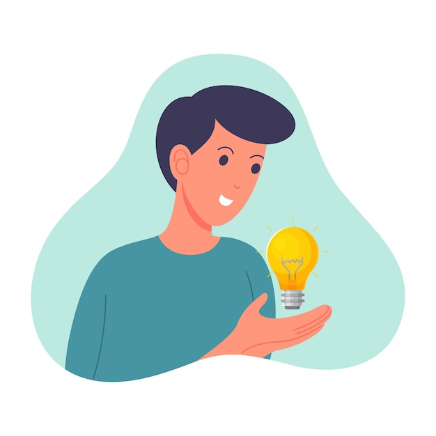 Concepto de un joven que encuentra una idea con un símbolo de luz