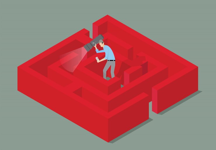 Vector concepto de juego de escape room. hombre con antorcha encontrando la solución de un laberinto.