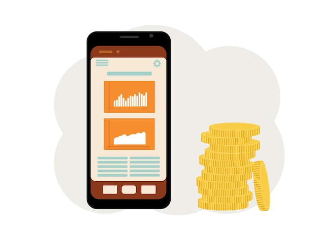 El concepto de juego online en la bolsa de valores. Teléfono con gráficos y un montón de monedas al lado.