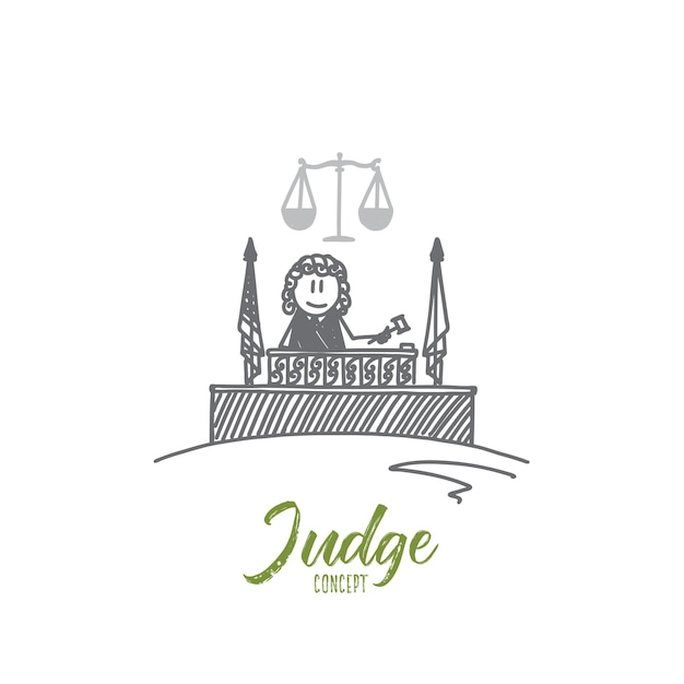 Concepto de juez. juez dibujado a mano. martillo de un juez y libra los símbolos de la ley aislados ilustración vectorial.