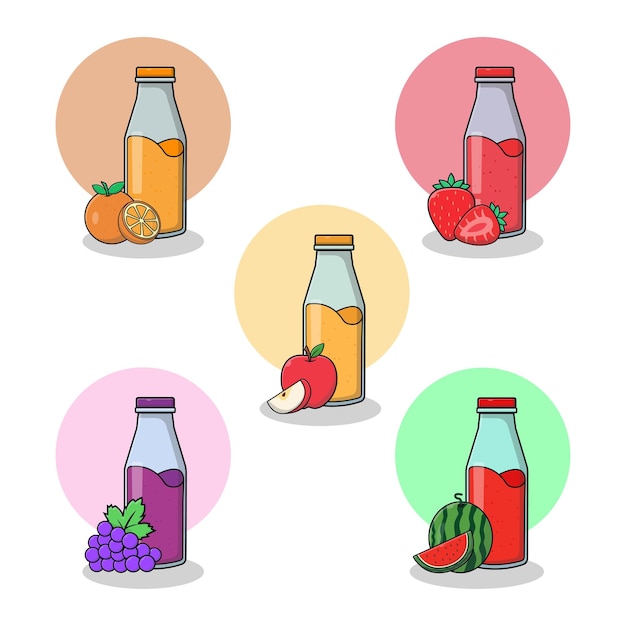 Concepto de jugo de frutas fresco Ilustración vectorial del conjunto de botellas de jugos de frutas