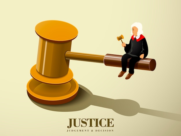 Concepto de justicia con un juez sentado en un mazo en gráfico isométrico