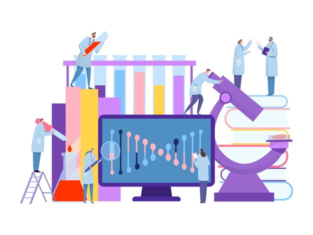 Concepto de laboratorio de ciencia genética investigación de nucleótidos ilustración vectorial médicos hombre y mujer