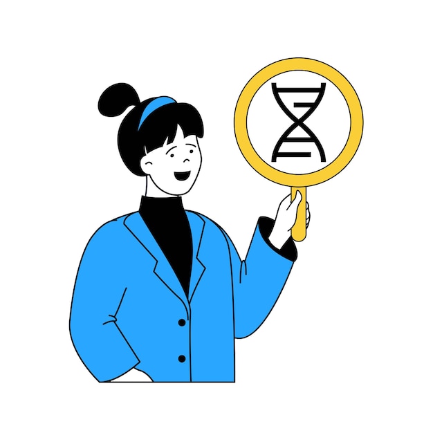Concepto de laboratorio científico con gente de dibujos animados en diseño plano para web Científico con lupa hace investigación genética de la molécula de adn Ilustración vectorial para material de marketing de banner en redes sociales