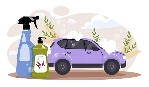 Concepto de lavado de automóviles Detergentes cerca del violeta Automóvil y transporte Limpieza e higiene Mercadeo de servicios de lavadeo de automóviles Cartel o pancarta Ilustración vectorial plana de dibujos animados