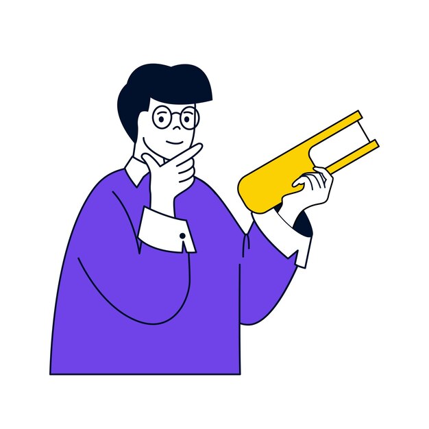 Concepto de lectura de libros con gente de dibujos animados en diseño plano para web El hombre lee novelas intelectuales y piensa en nueva información Ilustración vectorial para material de marketing de banners en redes sociales