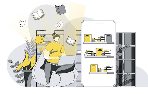 Concepto de lectura en línea con escena de personas de contorno La mujer lee libros electrónicos en la computadora portátil almacena libros