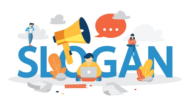 Concepto de lema. Único de una empresa. Reconocimiento de marca como parte de la estrategia de marketing. ilustración