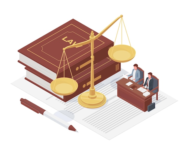 Vector concepto de ley isométrica escala de equilibrio libro de justicia y caso abogado que defiende la ilustración del vector del cliente símbolos de justicia y ley concepto de justicia de equilibrio de la ley