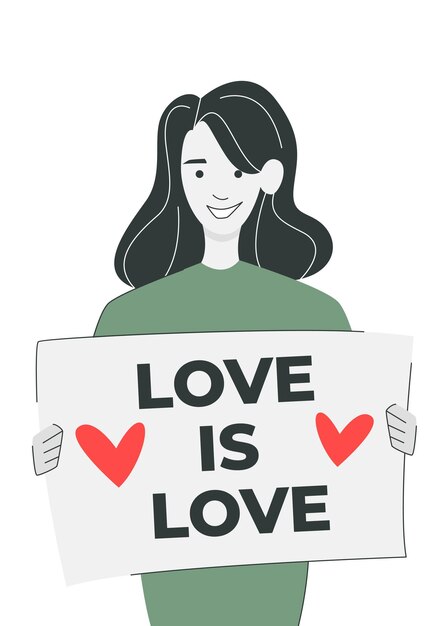 Concepto LGBT Mujer joven sosteniendo un cartel con texto AMOR ES AMOR Ilustración vectorial en estilo de dibujos animados planos Concepto de amor desfile gay mes del orgullo