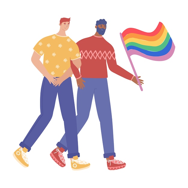 Vector concepto lgbt. una pareja gay enamorada participa en un desfile del orgullo gay. ilustración aislada sobre fondo blanco.