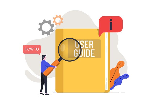 Concepto de libro de guía del manual de usuario Los personajes de personas sostienen una lupa para leer para obtener orientación manual de instrucciones especificación del libro de texto términos y condiciones del documento del tutorial del usuario