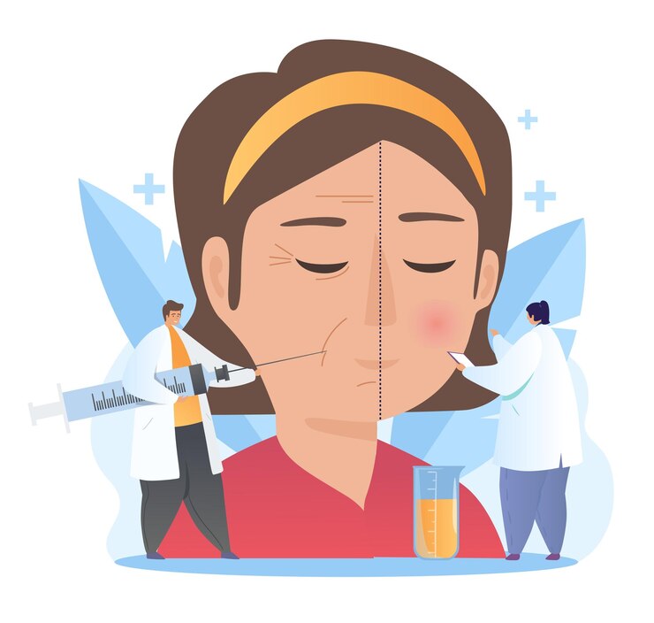 Vector concepto de lifting facial dos cosmetólogos le dan a la chica inyecciones de belleza antes y después de los procedimientos