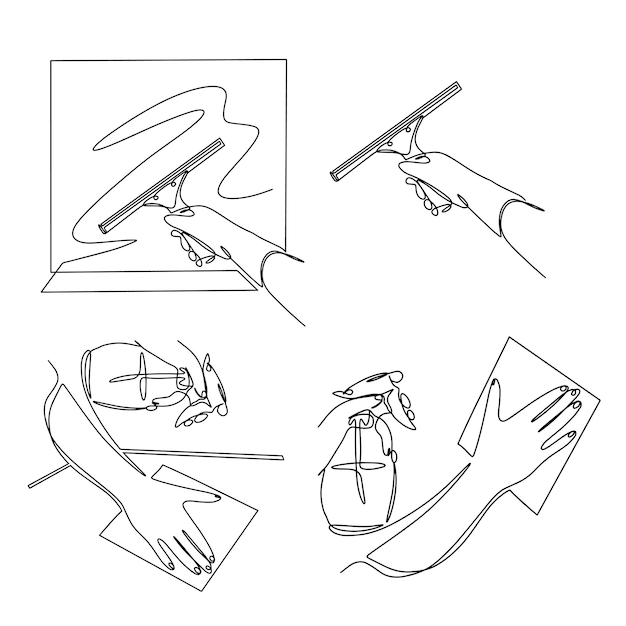 Concepto de limpieza y limpieza Limpieza de superficies Limpio de vidrio Ilustración vectorial en una línea sobre fondo blanco