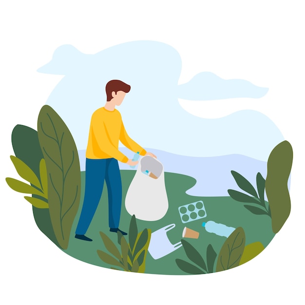 Concepto de limpieza de la naturaleza. Voluntario recogiendo basura. El hombre borra la orilla del río de botellas de basura de plástico. Ilustración vectorial plana