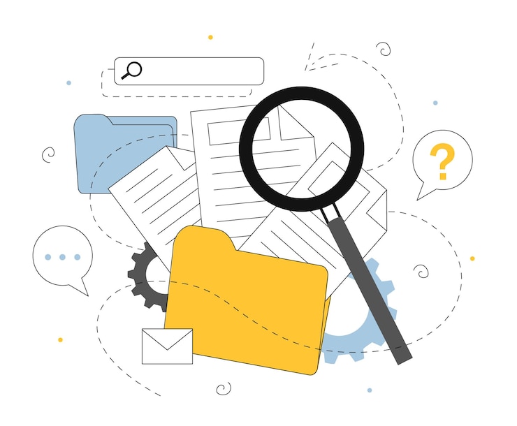 Vector concepto de línea de búsqueda de archivos lupa con carpeta con documentos almacenamiento electrónico o servicio de nube de archivos informe de información y conocimientos ilustración vectorial plana lineal