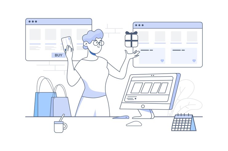Vector concepto de línea de compras con escena de personas en el diseño de dibujos animados la mujer elige y compra diferentes productos