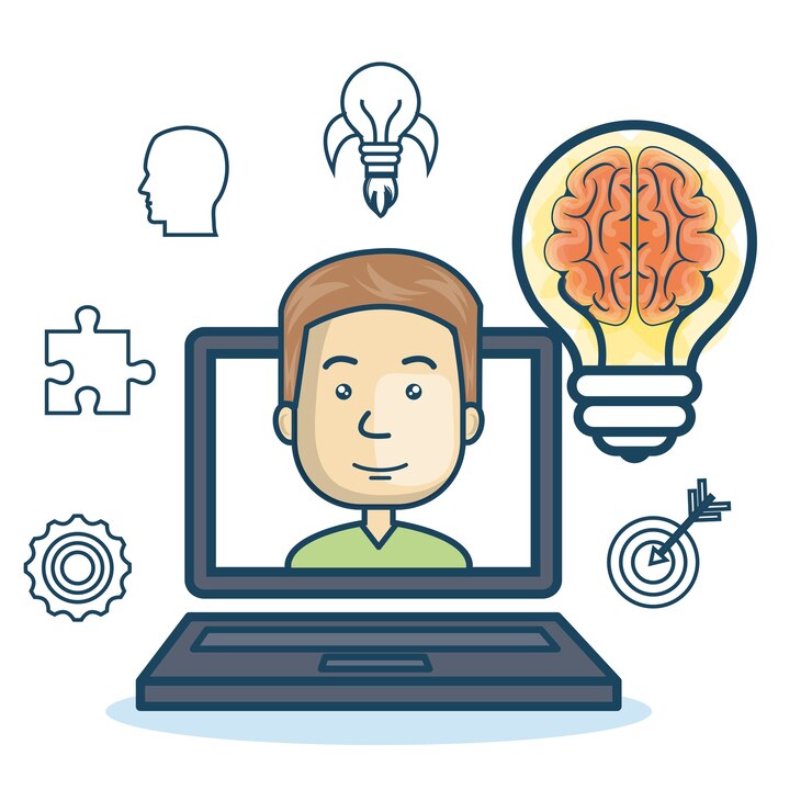 Vector concepto en línea de laptop man education