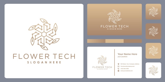 concepto de línea de logotipo de flor de hoja de tecnología