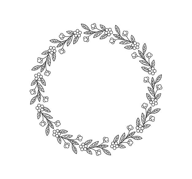 Concepto de línea de marco botánico Espacio vacío para texto e inscripciones Corona y hojas de flores para ramo Afiche o pancarta Ilustración vectorial plana lineal aislada en fondo blanco
