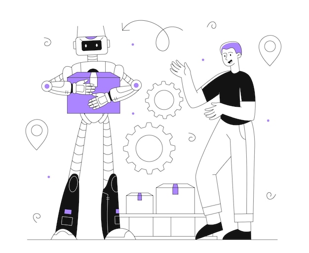 Vector concepto de línea de mensajería robot inteligencia artificial y aprendizaje automático chico joven con bot tecnologías e innovaciones modernas entrega a domicilio y compras en línea ilustración vectorial plana lineal